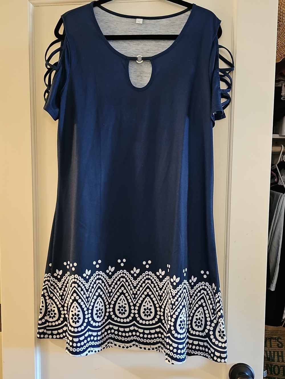 Source Unknown Cold Shoulder Navy Midi Dress with White Border Print